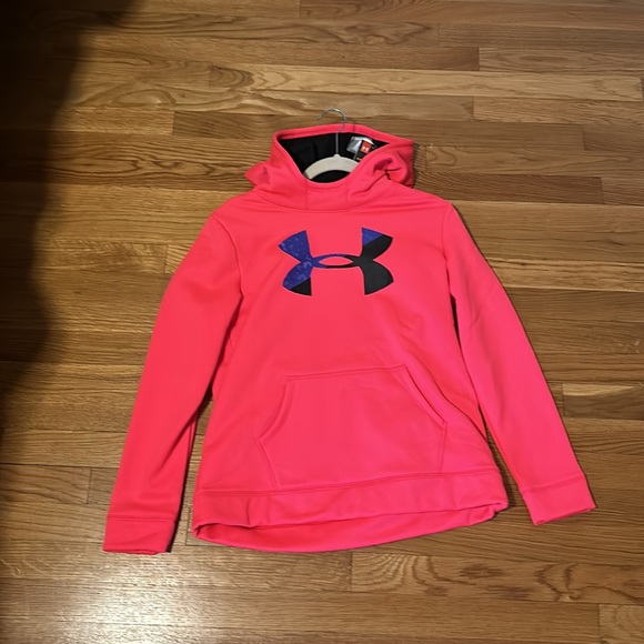 Girls Bright Pink Under Armour Sweatshirt with Purple and Black Logo size YXL - Picture 3 of 4